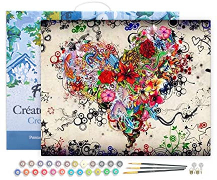 Figured'Art Peinture par Numéro Adulte avec Cadre Coeur de Fleurs - Activité Manuelle Kit de Loisir Créatif DIY Numéro d'Art Complet - 40x50cm toile tendue sur châssis