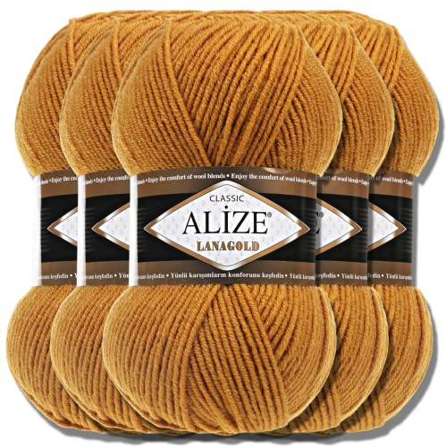 Hobby YARN 3x Etikettenlabel mit Alize Lanagold Wolle Premium 5x100g als Set, Yarn, Garn, Strickgarn, Einfarbig, Baby, zum Häkeln, Stricken, Kleidung, Schals (Mustard - 645)