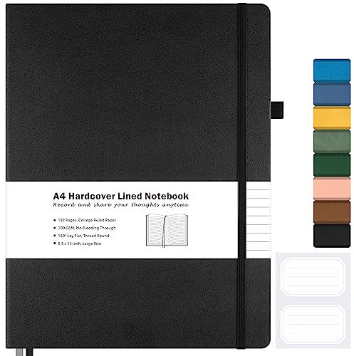 College Ruled Notebook, A4 Hardcover Leather Notebook for Work, Lined Notebook Journal for Women, Men, 192 Thick Paper, Lay Flat, Large Notebook with 2 Pockets, Professional Business Notebook, Black