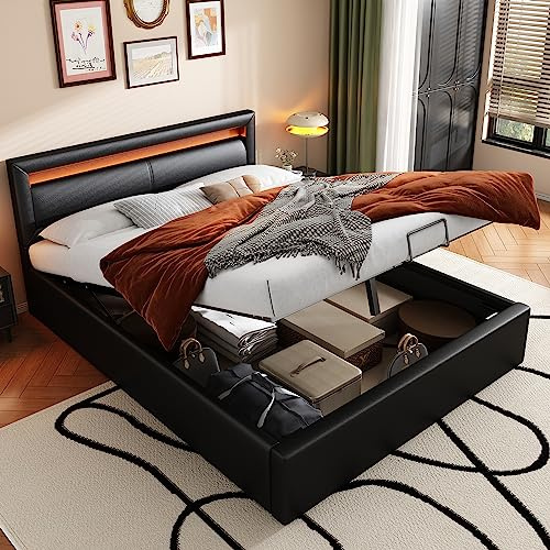 KecDuey Polsterbett 140 x 200 cm,Doppelbett Funktionsbett mit Lattenrost und Stauraum, LED-Beleuchtung, mit Funktion von Aufbewahrung,PUSchwarz