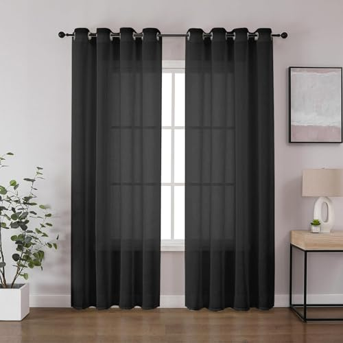 CUCRAF Leinen Voile Vorhänge mit Ösen Lichtfilterung Gardine für Schlafzimmer Wohnzimmer, Schwarz, H225 x B140cm 2er Set