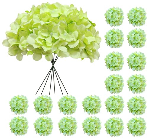 Cherica 20 Pcs Green Hydrangea Artificial Flowers Bulk, Faux Hydrangea Flowers Heads, Artificial Fake Silk Hydrangea Flowers with Stems, Green Flowers Artificial for Decoration Wedding Décor Crafts
