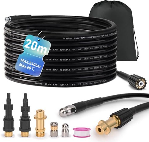 Kit de nettoyage de canalisations 20 m, 240 bar 3 adaptateurs, 2 buses rigides et rotatives Compatible avec K2, K3, K4, K5, K6, K7, LAVOR, Bosch, Parkside
