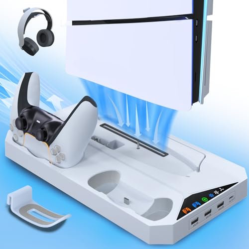 PS5 Slim Stand und Kühlstation mit Dual Controller Ladestation für PlayStation 5 Slim Disc/Digital, vertikaler Kühlständer mit 2 Headset-Halter, 3 USB-Hubs (nicht für normale PS5)