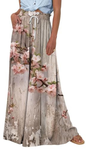 Palazzo Hose Damen High Waist Blumen Bedruckt Haremshose Wide Leg Chiffon Plissee Hose Mit Taschen Tunnelzug Elastische Taille Sommerhose Leicht Stoffhose Casual Weite Hose Frauen Freizeithose