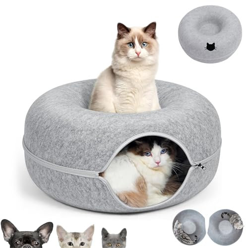 KunpengZen Katzentunnel, Filz Donut Rascheltunnel für Katzen, Katzen Höhle Endlosen Spaß Katzenkorb Katzenkissen 50cm für bis 4kg Kleine Haustiere Kaninchen Kätzchen Welpen-Hellgrau
