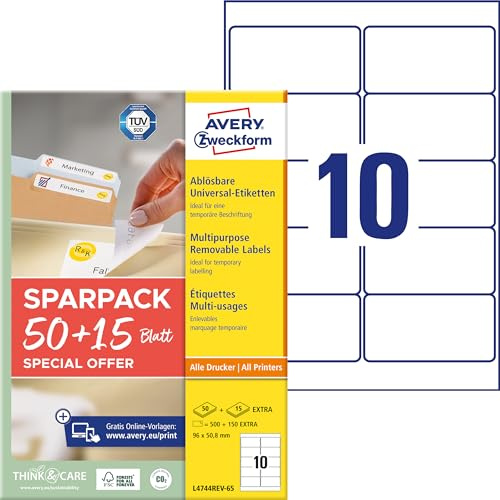 AVERY Zweckform L4744REV-65 Universal Etiketten (500 plus 150 Klebeetiketten extra, 96x50,8mm auf A4, wieder rückstandsfrei ablösbar/abziehbar, bedruckbar, selbstklebende Aufkleber) 65, weiß