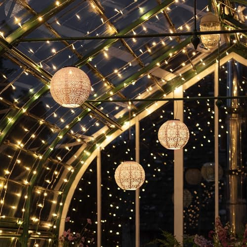 Lights4fun LED Gartenbeleuchtung Set Lichterhimmel Solar Lampion Weiß Beleuchtung Balkon Solarlampen für außen Gartenlounge Set