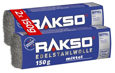 RAKSO Edelstahlwolle mittel - 300 g, 2 Banderolen à 150g rostfrei, entfernt hartnäckige Ablagerungen von Fliesen, Keramik-Böden im Nassbereich