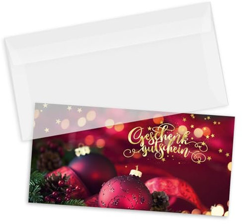 GESCHENKGUTSCHEINcom by POS-HAUER. Gutschein-Set. 10x Gutschein + Kuvert. Für Weihnachten Weihnachtsmotiv. Aufdruck weihnachtlich, blanko zum selber Ausfüllen.