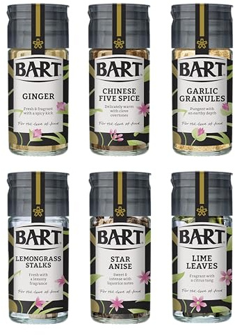 BART East Asian Herb & Spice Collection - Chinese Five Spice, Star Anise, Garlic Granules, Ginger, Lemongrass Stalks & Lime Leaves - Ideal for Asian Cooking (6 Jar Bulk Buy Set)