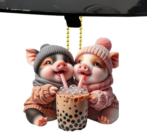 Schweine-Rückspiegel-Anhänger, Schweine-Auto-Anhänger | Glücksschwein-Accessoires-Ornament,Acryl-Auto-Innendekoration, 2D-Rückspiegel-Anhänger für Kinder und Frauen