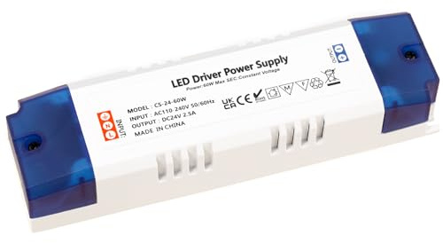 MEEKBOS Transformador 220V a 24V, 60W 2.5A Fuente de Alimentación, Driver LED 110-240V AC a 24V DC, Sin Carga Mínima, Sin Parpadeo, Sin Ruido, Compatible con G4, GU5.3, MR11, MR16, Tiras