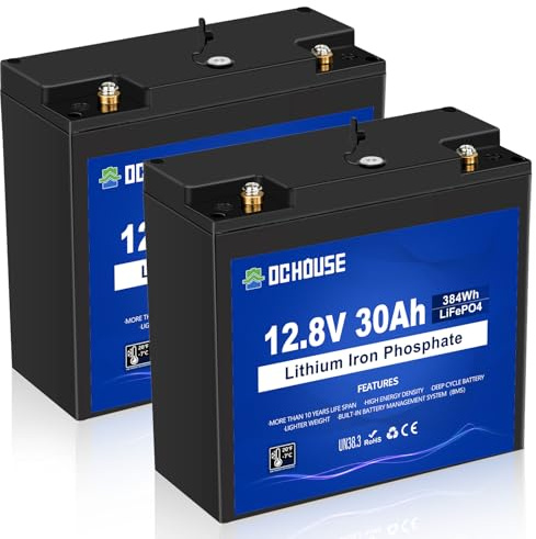 DCHOUSE 2 Pack 12V 30Ah LiFePO4 Lithium Battery,DC Port,Low Temp Cut-Off | 4000+ Deep Cycle Rechargeable Battery, Perfect for Scooter Pride Mobility Jazzy Select Electric Wheelchair, Trolling Motor