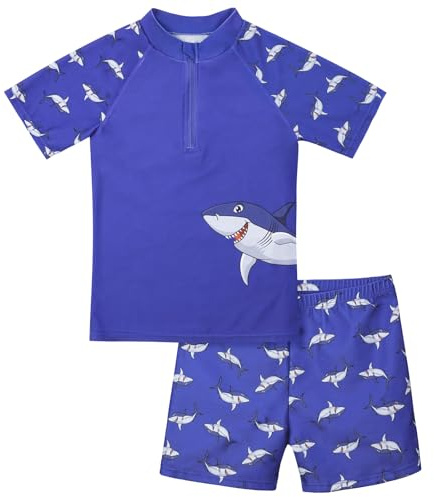 BSBUY Baddräkt för barn, pojkar, kortärmade badkläder, set i två delar, topp och badshorts, baddräkt, snabbtorkande badkläder, pojke, badbyxor och t-shirt, strandbaddräkt, poolkläder, BLÅ, 110(5-6 Y)
