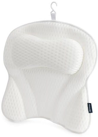 FINEWAY Bath Pillow with 6 Suction Cup and Air Mesh Technology, Ergonomic Design Helps Support Head and Neck, Non-slip (White)