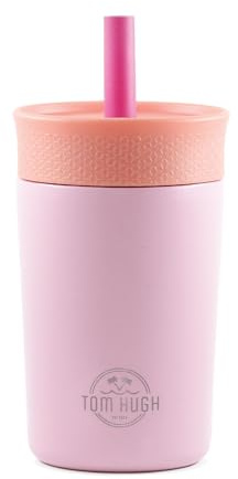 Edelstahl Thermobecher mit Strohhalm – Isolierbecher mit Strohhalm für Kinder und Erwachsene, 400ml Trinkbecher für Schule, Sport, Freizeit – Wie Stanley Cup Kinder, aber handlicher! (Pink)