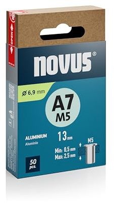 NOVUS TOOLS Dadi per rivetti ciechi in alluminio, Ø 6,9 mm, filettatura M5, lunghezza 13 mm, 50 dadi rivetti, lunghezza morsetto 0,5 – 2,5 mm, ideale per fissaggio in metallo, plastica e materiale
