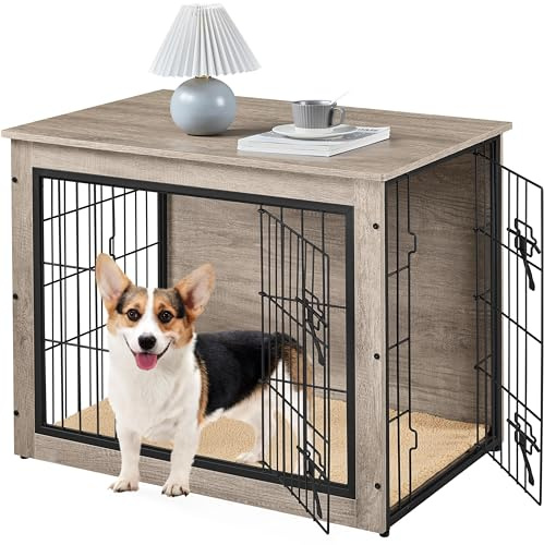 Yaheetech Medium Dog Crate Furniture 80.5 x 55.5 x 64 cm, Grey | Double Door, Anti-slip Plush Mat, Side Table Design, For S/M Dogs, Wooden Finish