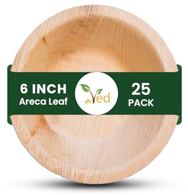 Ved 25 Bol en feuille d'arec biodégradable et écologique moyen 6 25 cm (300 ml), bols de service jetables ronds profonds, compostables, pour salade, fête.