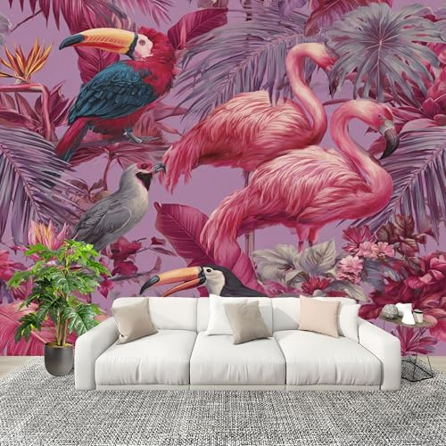 Fotomurales 250x175 cm Estilo Tropical Jungleal Papel Pintado Tejido No Tejido Fotomural Rosa Efecto 3D Papel Tapiz Decorativos para Dormitorio Salón TV Pared Murales Póster