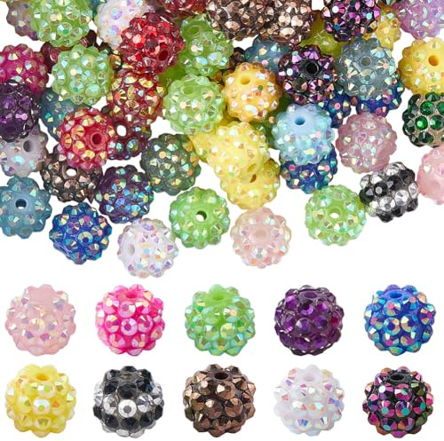SUNNYCLUE 100Pcs Disco Ball Bead Resin Rhinestone Beads Bulk 1.2cm Random Mixed Colorful Acrylic Round Chunky Bubblegum Pave Loose Spacer for Pens Jewellery Making Bracelet Keychain Necklace