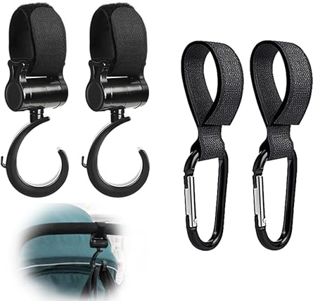 4pcs Pram Hooks, Crochet multifonction pour Poussette Ajustement Universel Rotation à 360 ° Mousqueton Accroche Accessoire Poussette Pratiques pour Courses Promenade Accrocher Langer Des Sacs (Noir)