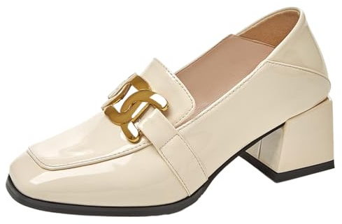 Vrupons skor med fyrkantig spets | 5 cm blockklack pumps med metallspänne för damer kontor och vardag, Beige, 49 EU