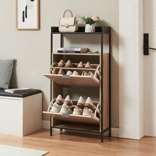 [en.casa] Schuhschrank Belana Schuhkipper mit 2 Klappen 116 x 60 x 24 cm Schuhkommode für 8-12 Paar Schuhe Schuhaufbewahrung Schwarz/Eicheoptik
