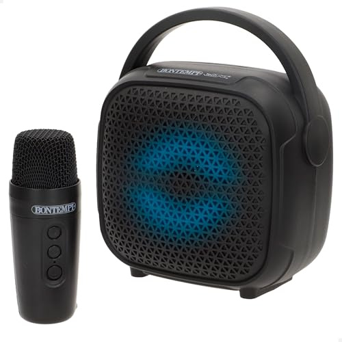 COLORBABY Bontempi Altavoz Mini inalámbrico con micrófono, Luces LED RGB Que se iluminan al Ritmo, Bluetooth, Radio, Entrada USB, Auxiliar, Portátil y Compacto, Fiestas o Juegos (39220)