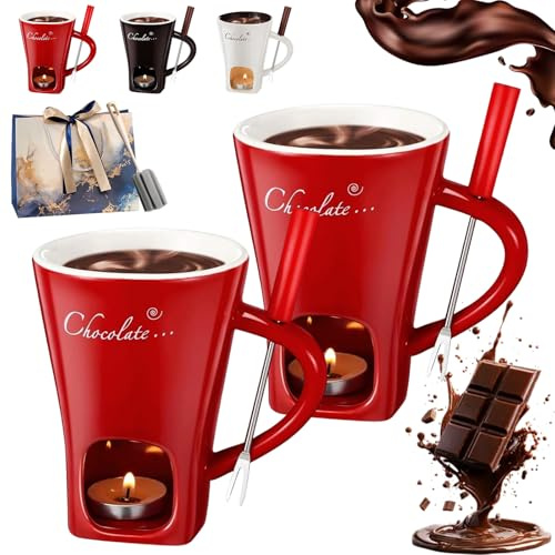 HOPASRISEE Keramik Schokofondue Tasse Mit Teelicht Und Gabeln, Portable Chocolate Fondue Cup for Desserts, Ideal Gifts for Birthday Date Night Wedding Party (2*Red)