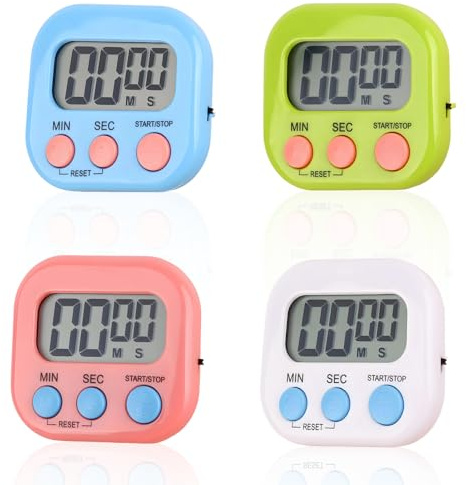 4 PCS Digital Kitchen Timer, Magnetic Timer with Large Screen Hang Hole and Vertical Stand, Cooking Timers for Kitchen Study Baking Kids Children, Countdown Clock (Color)