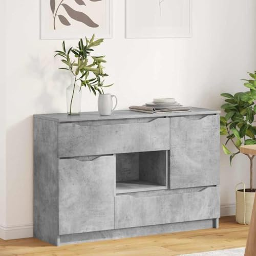 QJBSAVVA Sideboard 100 x 30 x 65,5 cm Beton Grau aus Holzwerkstoff mit 2 Türen und Kugellager-Schublade Modernes Lowboard für Wohnzimmer Esszimmer Flur