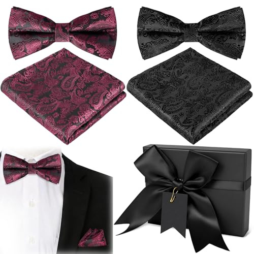 4PCS Mens Paisley Bow Tie Set, 2 Pack Pre-tied Adjustable Bow Ties with Matching Pocket Squares, Woven Jacquard Handkerchief Bow-Tie Set with Premium Box for Weddings, Parties, Proms, Formal Occasions