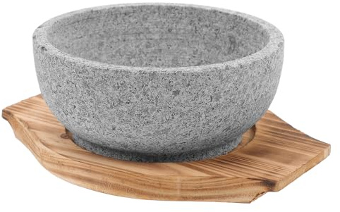 BESPORTBLE Ciotola Bibimbap in Pietra Naturale 16 CM 600 Ml per Cucina Coreana con Vassoio in Legno Carbonizzato Resistente al Calore per Uso Quotidiano e Cottura su Fiamma Libera