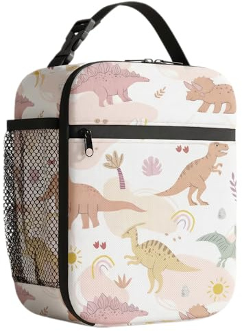 Clyrax Dinosaur Insulated Lunch Bag with Bottle Holder, Large Waterproof Leakproof Lunch Box for Kids, Girls, Portable Packed Cooler Bag for School, Picnic, Travel, Pink