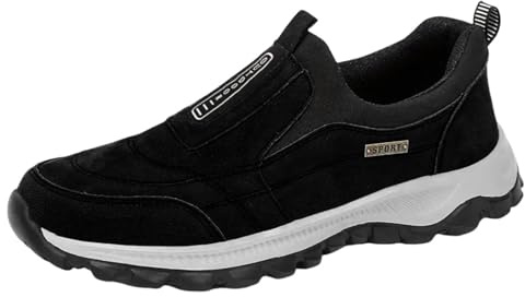 Mens Slip On Trainers Wide Fit Waterproof Walking Shoes, Lightweight Breathable Casual Sneakers with Orthopedic Arch Support, Non-Slip Hands Free Outdoor Shoes for Men Black