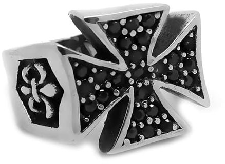 BOBIJOO Jewelry - Bague Chevalière Croix Pattée Templier Royalisme Fleur de Lys Strass Noirs Acier - 63 (10 US)