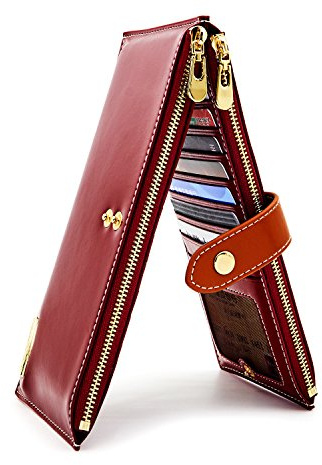 ANDOILT Mujer Cuero Genuino Billetera RFID Bloqueo Tarjeta de Crédito Poseedor Cremallera Carteras Teléfono Celular Bolsa Rojo Cierre Marrón
