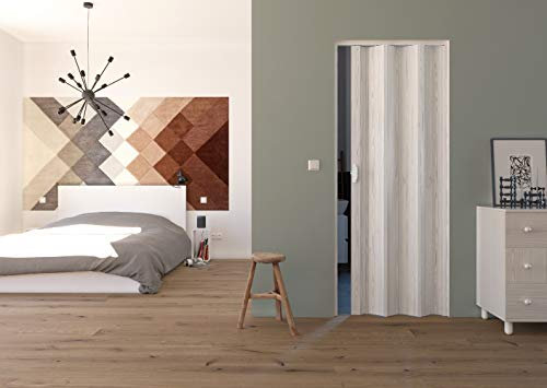 Fällbar dörr tillverkad av PVC-plast vit räfflad, H 214 x 88,5 cm, handtag, rumsavdelare, nischdörr, fällbar väggdelare