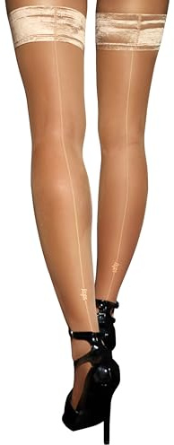 sofsy Silky-Smooth Sheer Stockings - Italian Nude Thigh High Hold-Ups for Women | 20 Den Anti-Skid Stay-Up Design | Matching Nude Back Seam XS/S