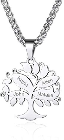 Custom4U Arbre de Vie Personnalisé 2/3/4/5/6/7 Prénoms Collier Acier Inoxydable Homme, Pendentif Arbre de Vie,Bijoux Gravé de Famille,Meuilleur Amis,Couple,Femme