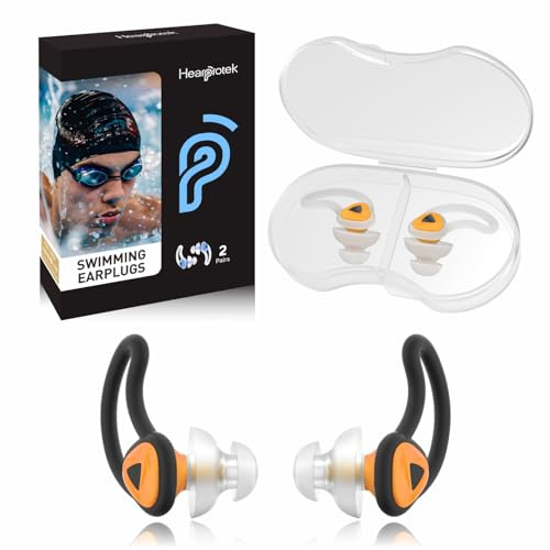 Hearprotek Tappi per orecchie da nuoto, 2 paia silicone riutilizzabile acqua tappi orecchie piscina-Impermeabili per nuotare Bagno Doccia surf (Arancione)