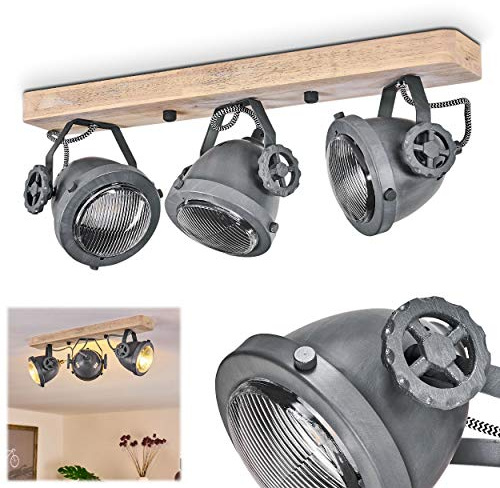 HOFSTEIN Deckenleuchte Herford, verstellbare Deckenlampe aus Metall/Holz/Glas in Natur/Grau/Klar, Leuchte im Industrial/Retro/Vinntage-Design, 3 x GU10, Esszimmmer, Schlafzimmer, Wohnzimmer, Küche