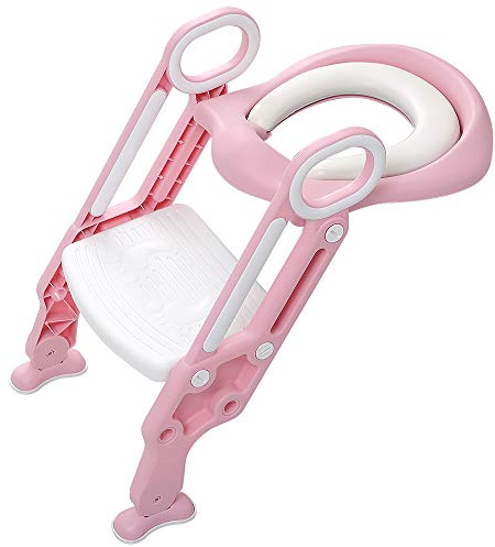 Toilettensitz mit Treppe für Kinder, verstellbar und faltbar, Toilettensitzverkleinerer für Babys, mit Stufen, Toilettentrainer, für Toilette mit einer Höhe von 38 – 42 cm (Rosa + Weiß)
