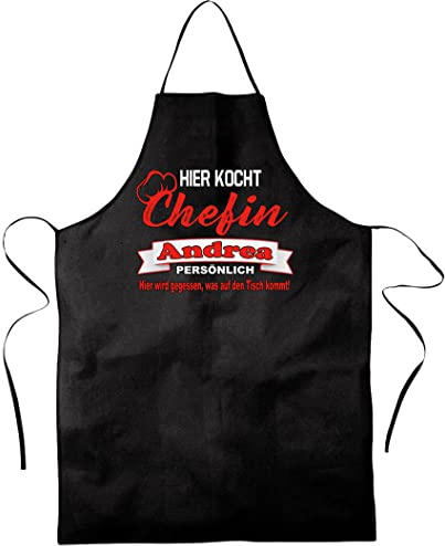 Lustig bedruckte personalisierte Schürze mit Namen |Hier Kocht die Chefin persönlich | Küchenchef | Kochschürze, Latzschürze, Küchenschürze Grillschürze, Partyschürze | Geschenk, Schurz (Schwarz)