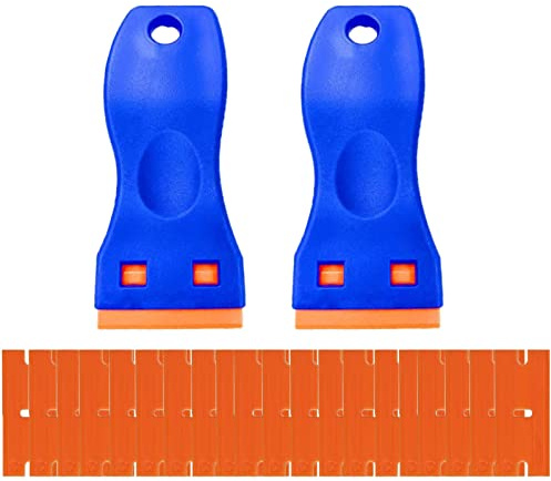 LMOGWL 2pcs mini Raschietto,Rimozione Adesivo in plastica,Tinta Finestr, Rimozione della Colla in Vinile, Adesivo di Vetro, Razor Blade Spatola e 20 Lame in plastica rasoio