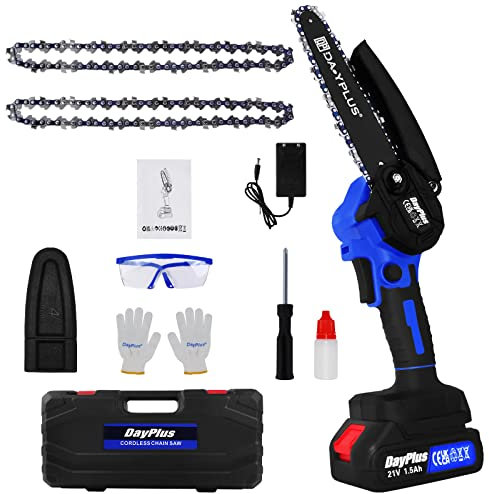 Sierra de cadena con batería de 21 V, motosierra sin escobillas de 6 pulgadas, diámetro de corte 80 mm, velocidad de la cadena 5300 rpm, mini sierra eléctrica con batería de 1500 mAh y cargador (azul)