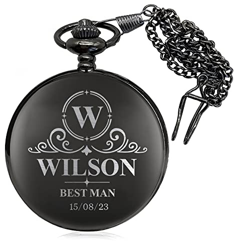 EDSG Personalised Pocket Watch With Chain - Engraved Gift for Best Man, Men, Father's Day, Grandad - Custom Design With Gift Box (Black Design1)
