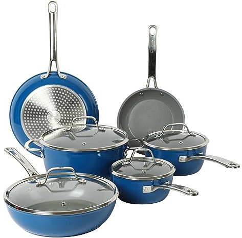 Sur La Table Kitchen Essentials 10 Piece PFA Free Titanium Ceramic Nonstick Interior Forged Aluminum Cookware Pots and Pans Set - Blue - Induction Compatible